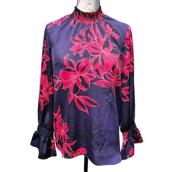 Misa -668 Purple Red Multi Ruched Mock Neck Long Sleeve Floral Giana Top Size S - Picture 2 of 11